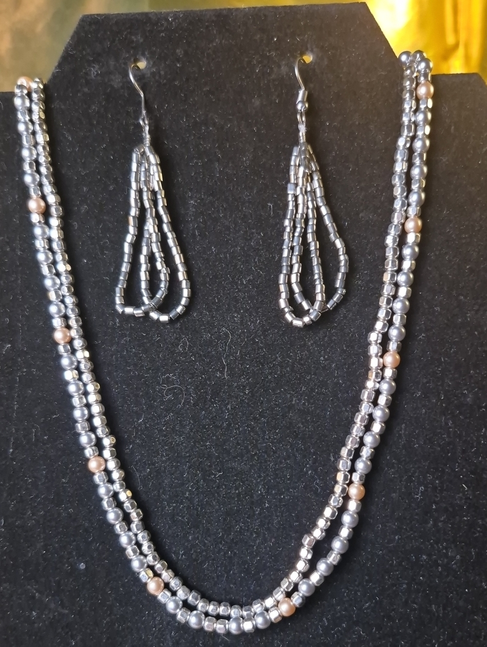 Silver and Rose Gold Beaded Necklace & Earrings Set - Women Jewelry